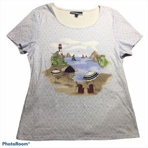 Karen Scott Lighthouse Embellished Graphic T-Shirt Short Sleeve Coastal Large